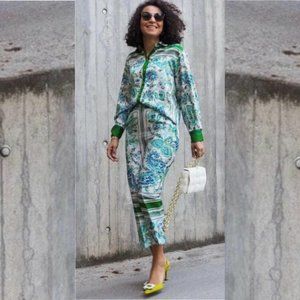 NWOT Zara Blue and Green Scarf Print Top (Sz. Medium) and Pant (Sz. Large) Set